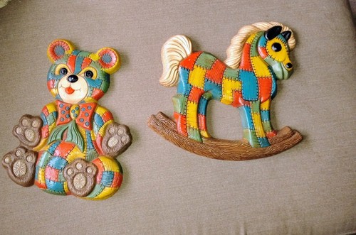 Vintage 70's Patchwork Style Nursery Room Wall Hangings Rocking Horse & Bear Set
