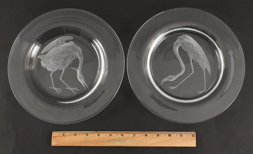 Antique STEUBEN Audubon Bird Glass Plates Flamingo Great Blue Heron SIDNEY WAUGH