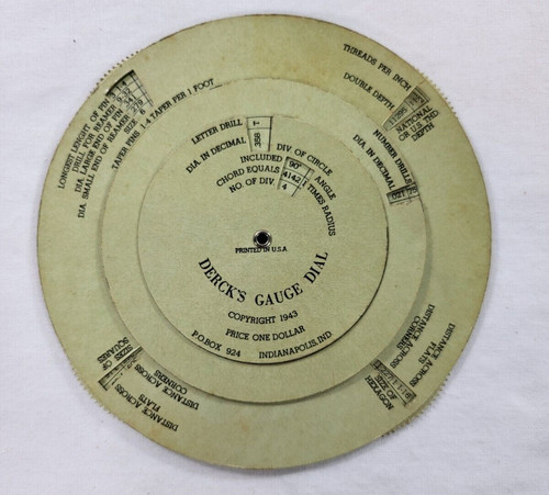 1943 Derck's Gauge Dial Calculator for Pipe Thread & Tap Drill