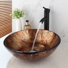 Bathroom Round Vessel Sink Tempered Glass Washing Bowl Faucet Mixer Tao Set