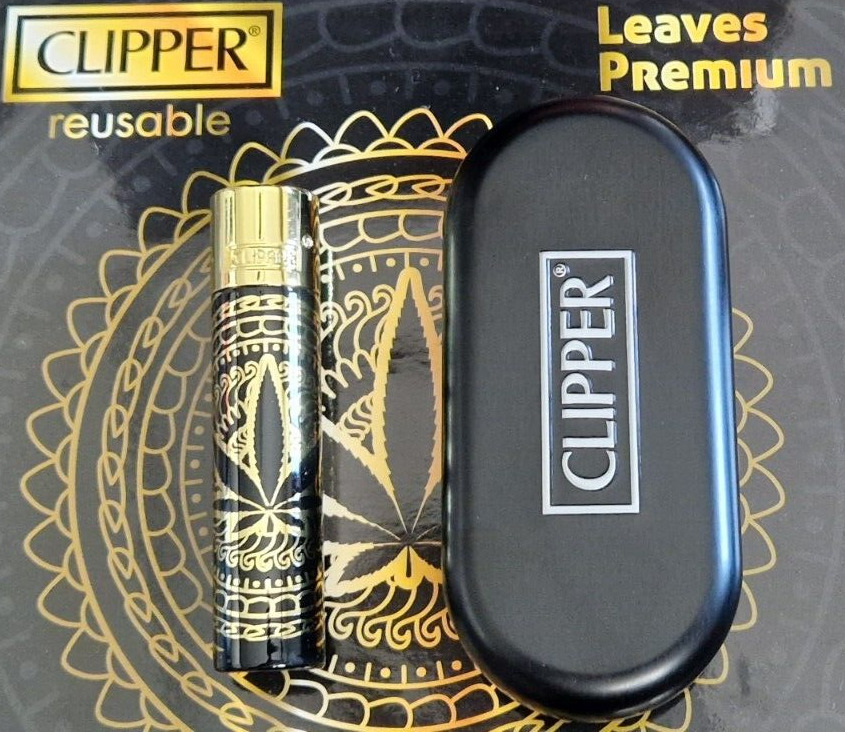 Genuine Clipper Metal Lighter Full Size Gold LEAVES PREMIUM With Chrome Case NEW. Available Now for 11.95