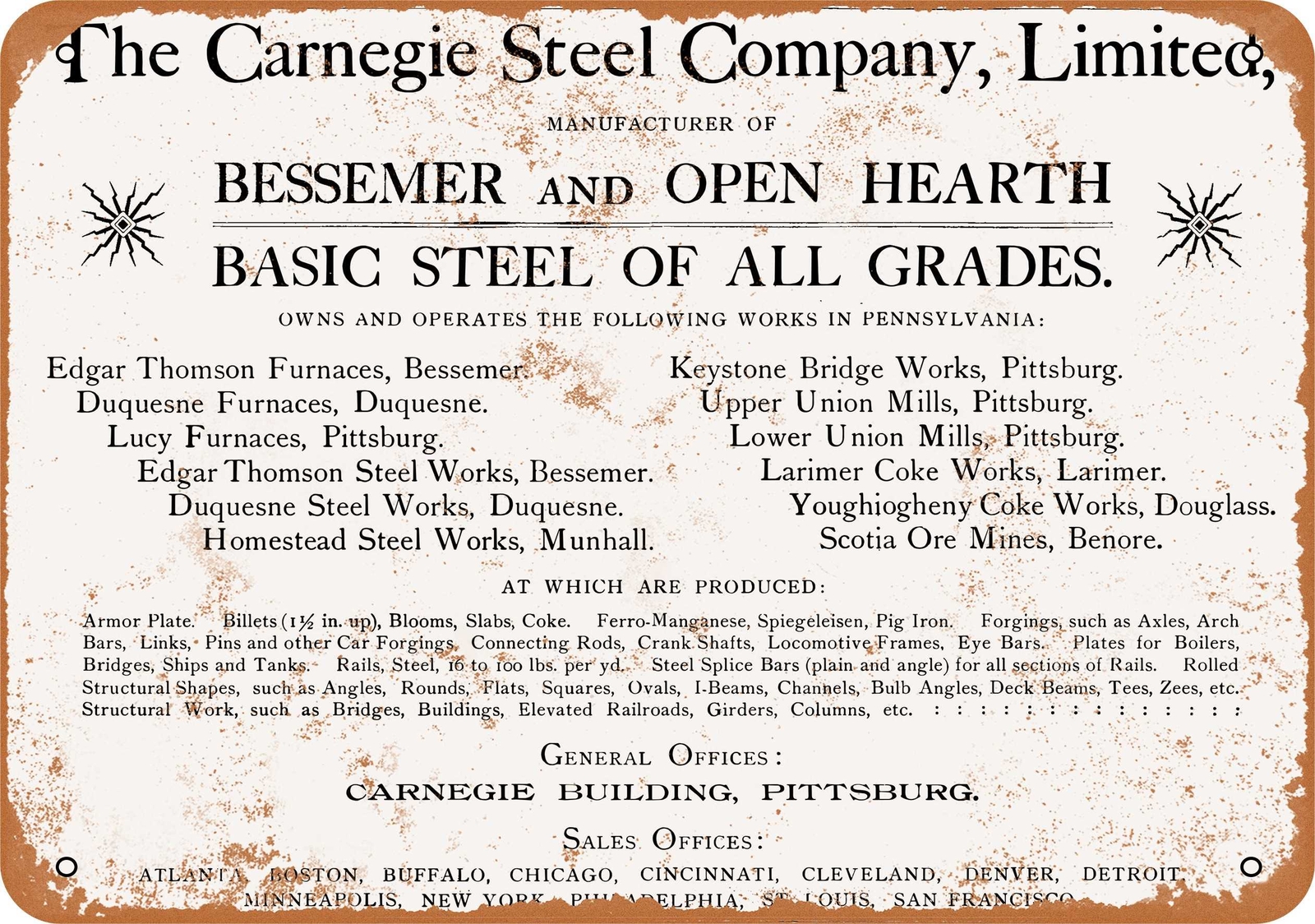 Metal Sign - 1896 Carnegie Steel Company - Vintage Look Reproduction