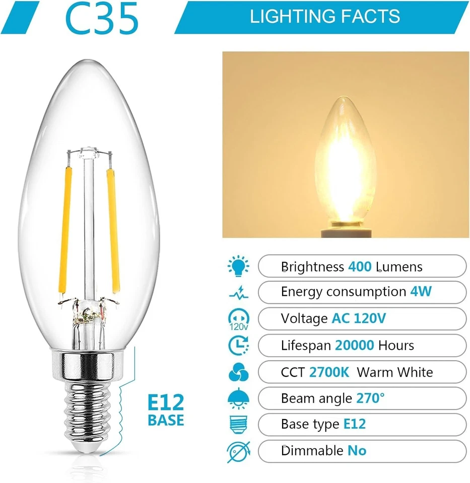 Ascher E12 LED Classic Candelabra Clear Light Bulbs 4W Equiv 40W Warm White 2700 - Image 2 of 4