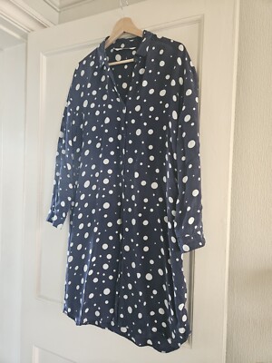 ZARA Polka Dit Navy Blue Button Detail Midi Shirt Dress Size Small