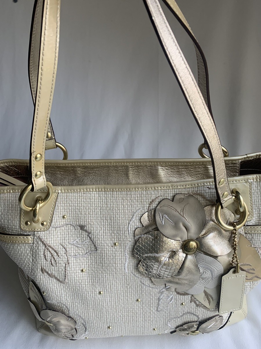 Vintage Coach Shoulder Bag Floral Applique Straw Tote