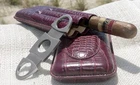 Red Embossed Crocodile Style Leather 3 Tubes Cigar Case Humidor w/ Cutter