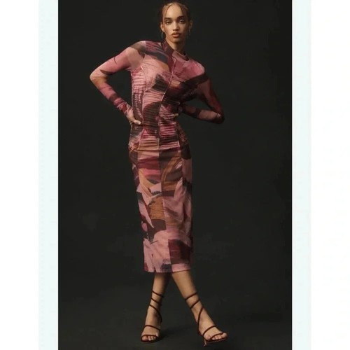 New Anthropologie Long Sleeve Printed Mesh Mock Neck Midi Dress Sz XS - Picture 13 of 16