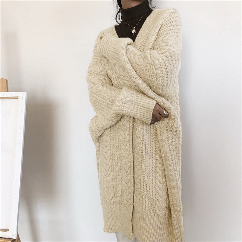 Women Thick Sweater Loose Long Cardigans Warm Twisted Knitted Winter