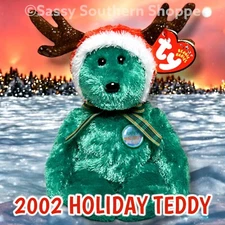 ❤️ 2002 HOLIDAY TEDDY Ty Beanie Babies Green Christmas BEAR w/ Antlers *MWMT*