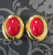 Monet Gold Toned Clip On OVAL Earrings With RED CAB Vintage 80's