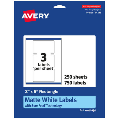 Avery Matte White Rectangle Labels Sure Feed Technology 3 X 5 750 Matte White