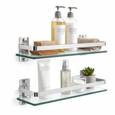 Bathroom Glass Shelf 15.7" Silver Wall-Mounted, Floating Metal Storage Rack ...
