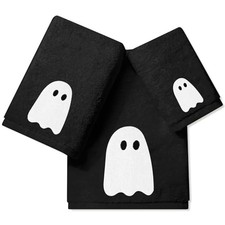 Set of 3 Halloween Bathroom Towels - Black White Spooky Boo Ghost Absorbent
