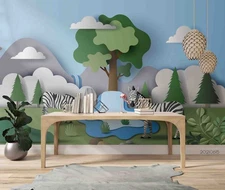 3D Paper Cutout Mountain Tree Zebra Wall Murals Wallpaper Murals Wall Sticker
