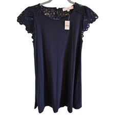 Loft NWT Woman SZ S Navy Jersey and Lace Shift Dress Short Lace Sleeve Open Back