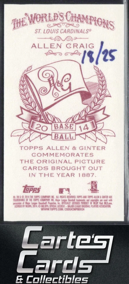 Allen Craig 2014 Topps Allen & Ginter #347 Mini Flag Back Cardinals 18/25 - Image 2 of 2