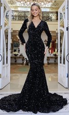 Faeriesty Elegant V Neck Long Sleeve Sequin Prom Dresses Size XS
