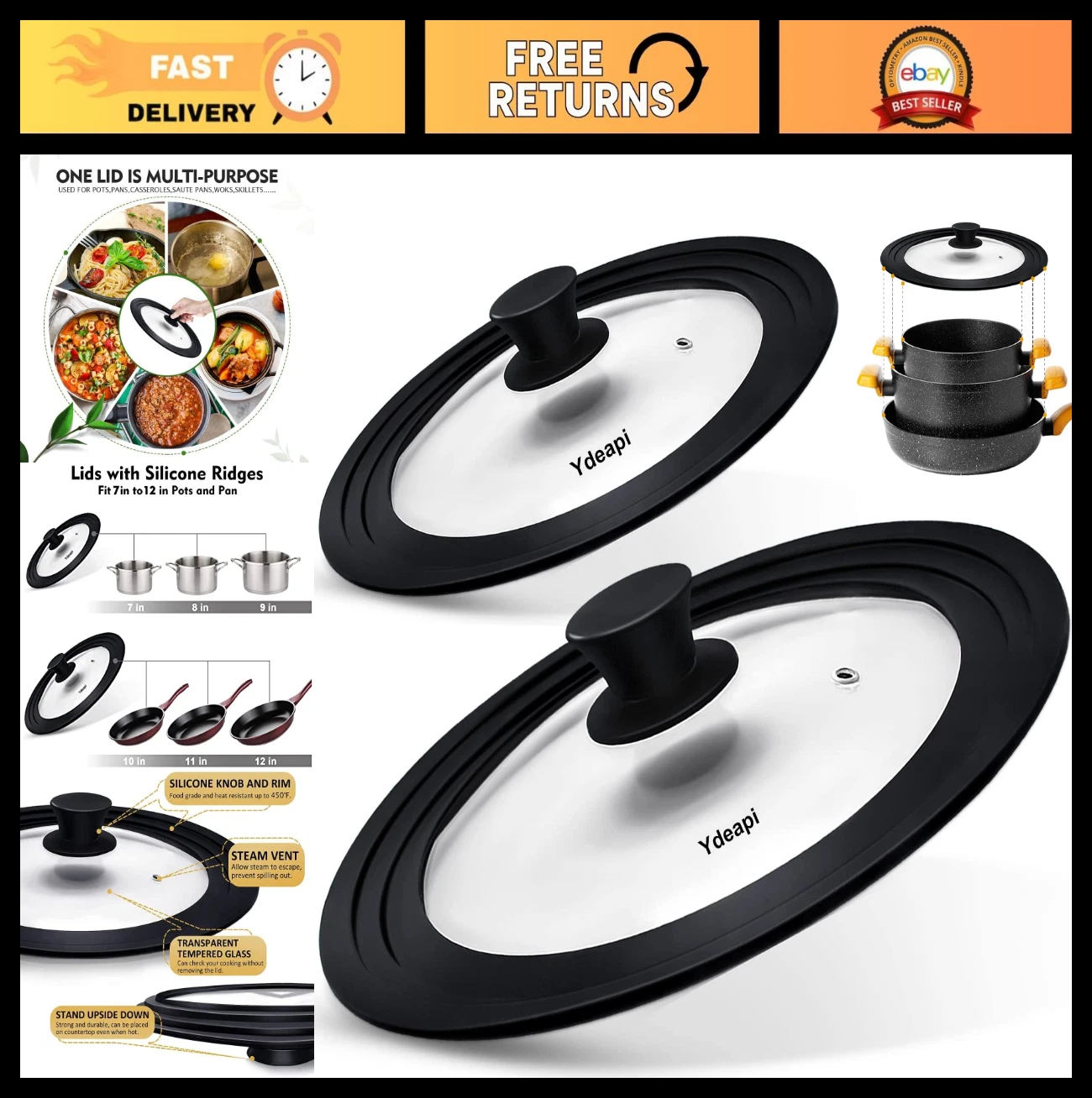 Universal Pot & Pan Lids Set - Fits 7" to 12" Cookware, Tempered Glass, Silicone