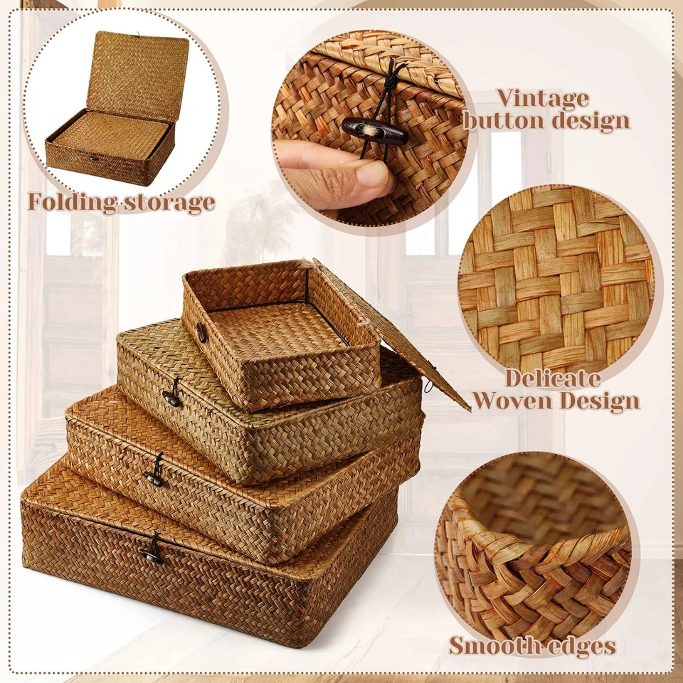 Set Di 4 Cestini in Vimini Con Coperchio, Contenitori Decorativi Con Coperchio, - Immagine 3 di 4