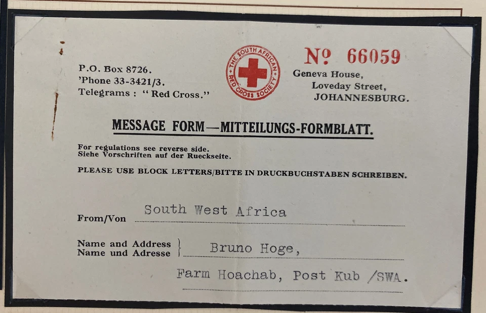 Windhoek 1941 Sudáfrica Cruz Roja Sociedad Cubierta con Mensaje Formulario Hoge Foto 2 de 3