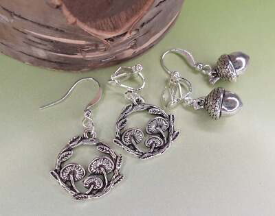 3D Acorns or Mushroom Toadstool Silver Clip