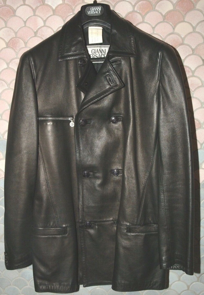 GIANNI VERSACE ノーカラージャケット　ブラック　イタリア製 XL 🔥 GIANNI VERSACE MEN Black Tall TRENCH Leather Coat Jacket