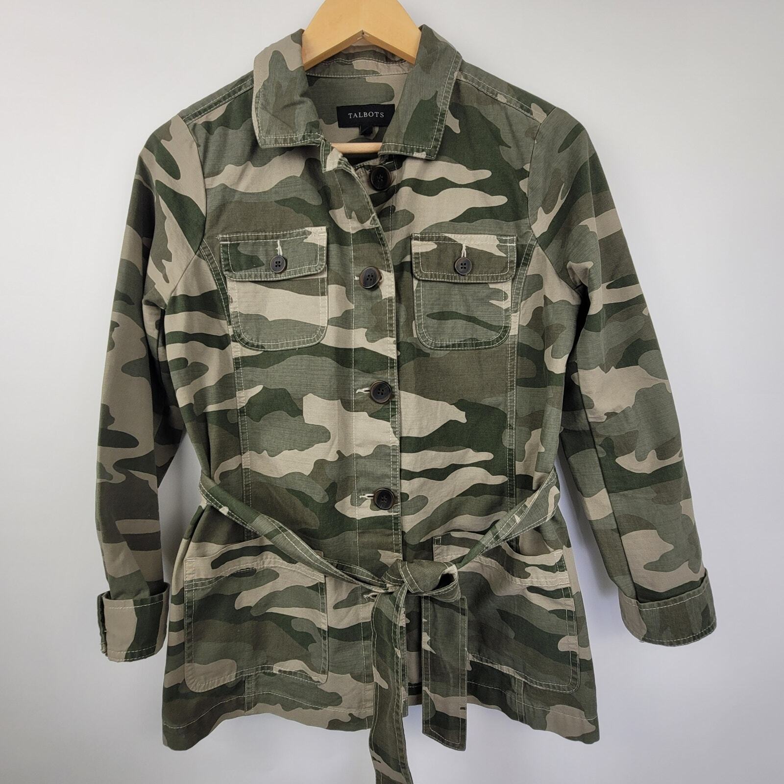 Talbots Jacket Womens Size XS Army Green Camo Utility Button Up Tie Belt Pockets