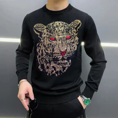 New Men Luxury Diamond Leopard Rhinestones Fashion Knitted Black White Sweater