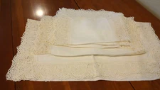 6 Antique Linen runners or dresser scarves hand made lace trim Bone in color