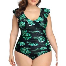 Daci 26W One Piece Ruffled V Neck Tummy Control Bathing Suits Black and Leaf