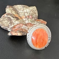 Women Orange Spiny Oyster Navajo Sterling Silver Ring Sz 8 N American 16035