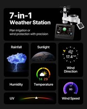 New 7-in-1 Wi-Fi Weather Station, 7-Inch TFT Display, Wireless Solar Powered Ou