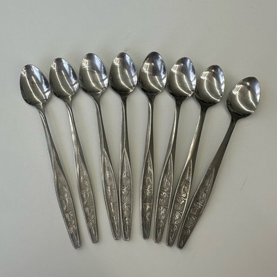 Customcraft Stainless Steel 8 Iced Teaspoons Flatware CUS1 Roses Pattern Vintage