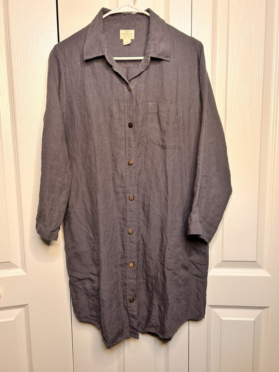Vikolino Women's M/L 100% European Washed Linen Blue Dress Wooden Button  Pockets | eBay