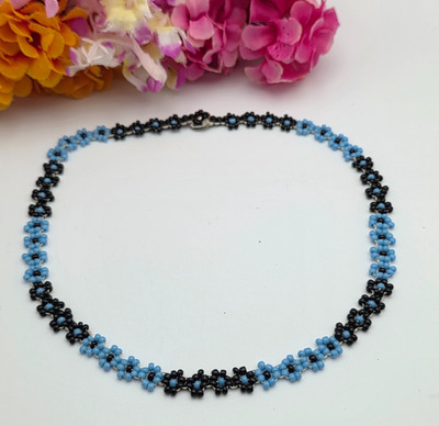 Blue & Black Seed Bead Flower Link Choker Necklace 16