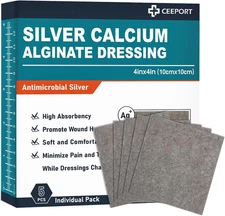 Silver Calcium Alginate Wound Dressing, 4" X 4" Patches, Highly Absorbent Dressi