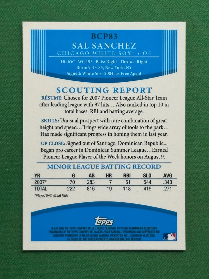 2008 Bowman Baseball 1st Bowman Chrome Prospects #BCP83 Sal Sanchez - Image 2 of 2