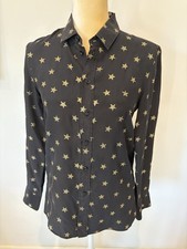 Saint Laurent Paris Gold Star Print 100% Silk Button Down Blouse Black,  Sz 36