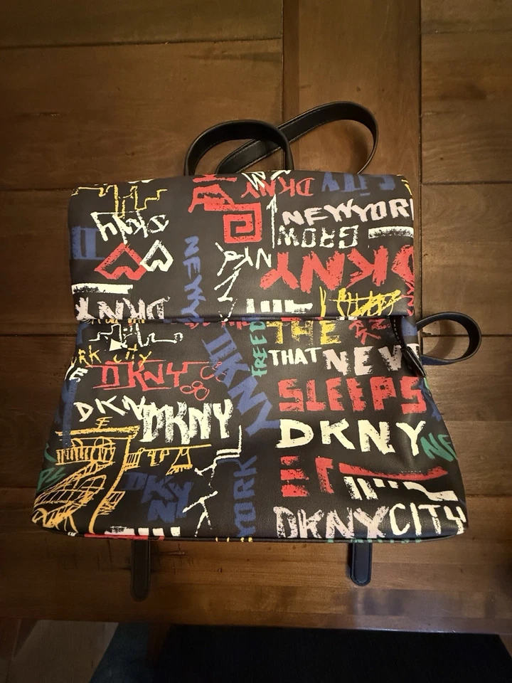 DKNY Tilly Fold Over Backpack Graffiti Logo Black Multicolor $168 MSRP - Image 2 of 4