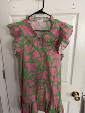 Mary Square Pink Green Abstract Ruffle Sleeve Button Front Dress Size M