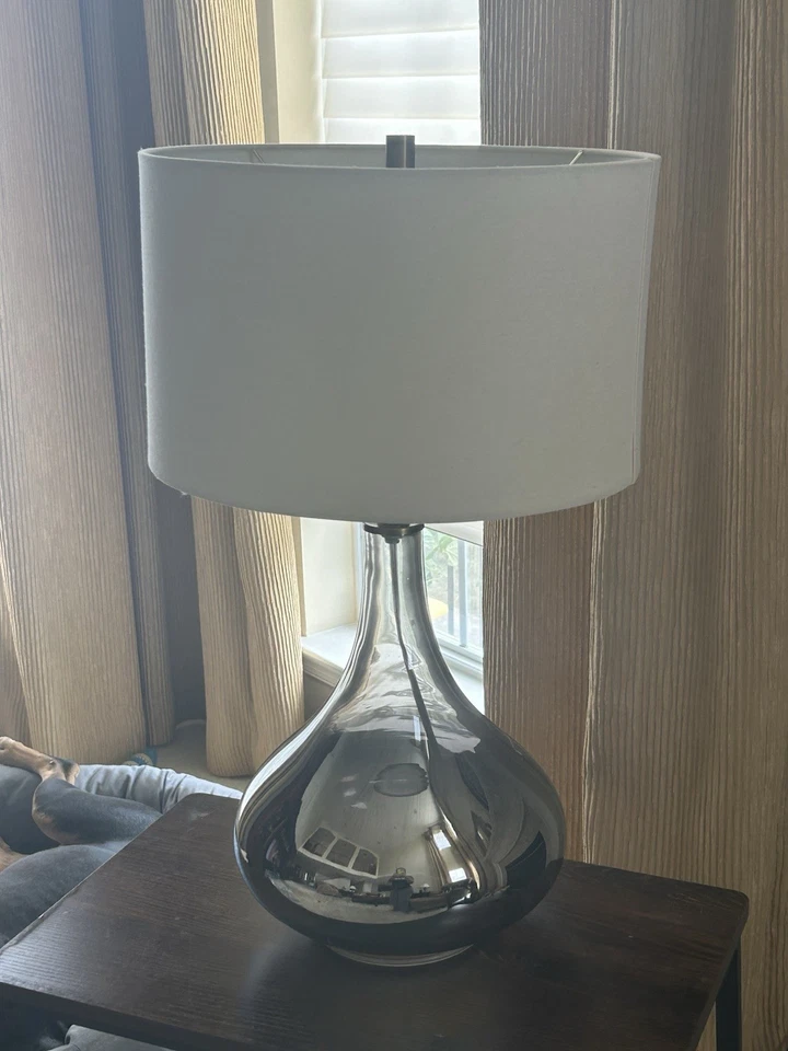 Henn&Hart 25'' Modern 1-Light Silver Glass Table Lamp White Fabric Drum Shade - Image 3 of 4