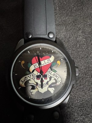 Ed Hardy Singles Men's Skull Print Dial/Matte Black Silicone Strap NIB