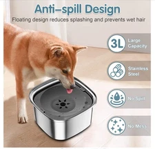 3L Slow No-Spill Dog Water Bowl, Stainless Steel, Splash Proof for  Dogs New