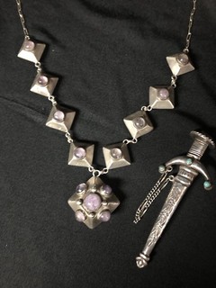 Mexican Silver Necklace And Sword Brooch With Amethyst