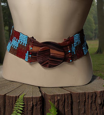 Beaded Boho Wide Belt Stretch Blue Red Brown Tribal Stretchy Wooden Buckle 28"