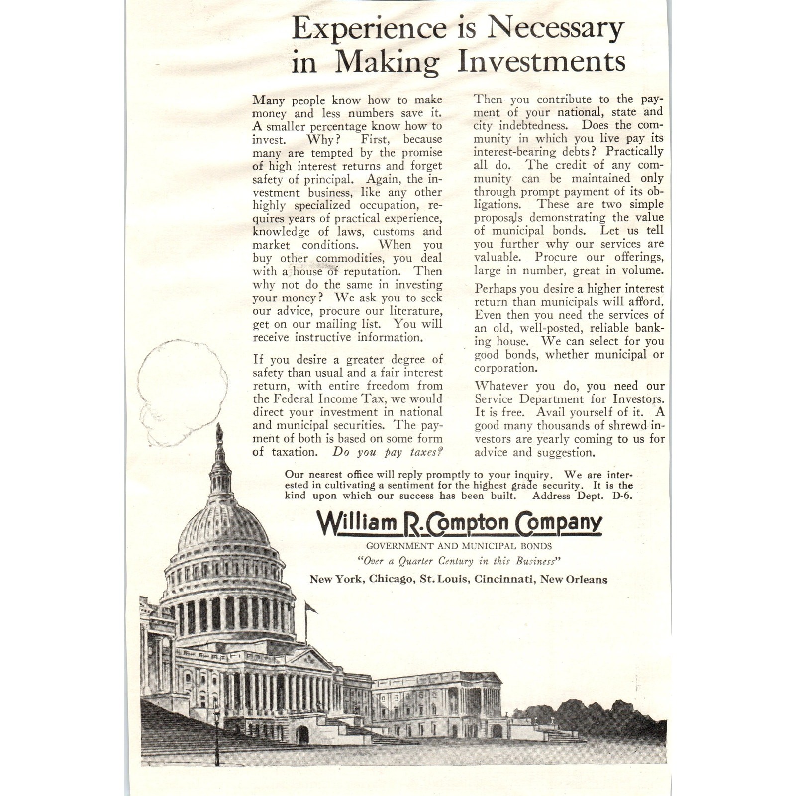 C1920 Magazine Ad - William R. Compton Co. Government &Amp; Municipal Bonds Ea3