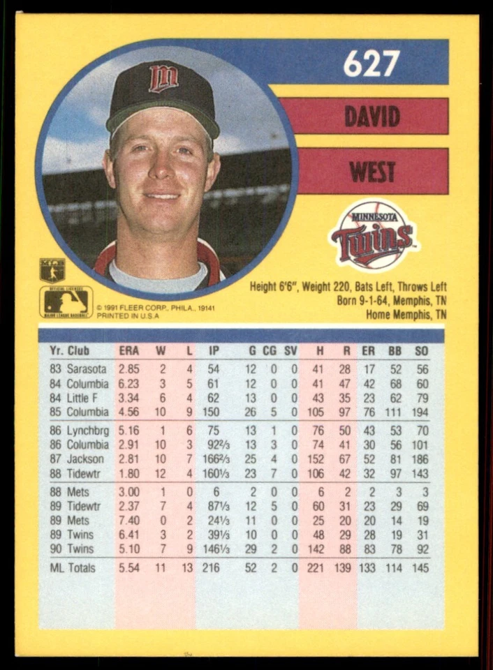 1991 Fleer David West Minnesota Twins #627 - Image 2 of 2