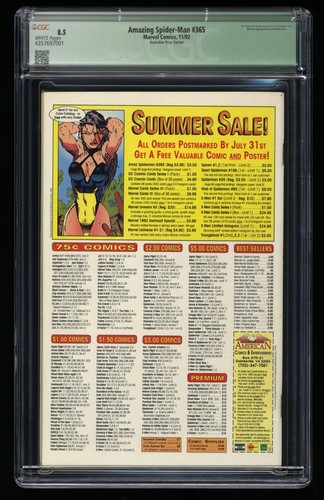 Amazing Spider-Man #365 CGC VF+ 8.5 (Qualified) Australian Price Variant - Picture 2 of 2
