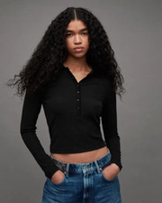 All Saints Womens Black Hallie Polo Shirt Designer Ribbed Slim Fit T-Shirt Tee