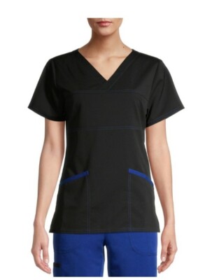 Scrubstar Women's Solid V-Neck Scrub Top Black with Blue Trim & Stitching 2XL.